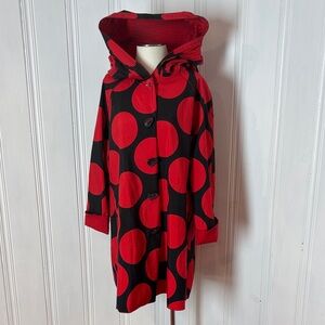 UBU Reversible Red & Black Polka Dot Raincoat – Statement Hooded A-Line Coat – L